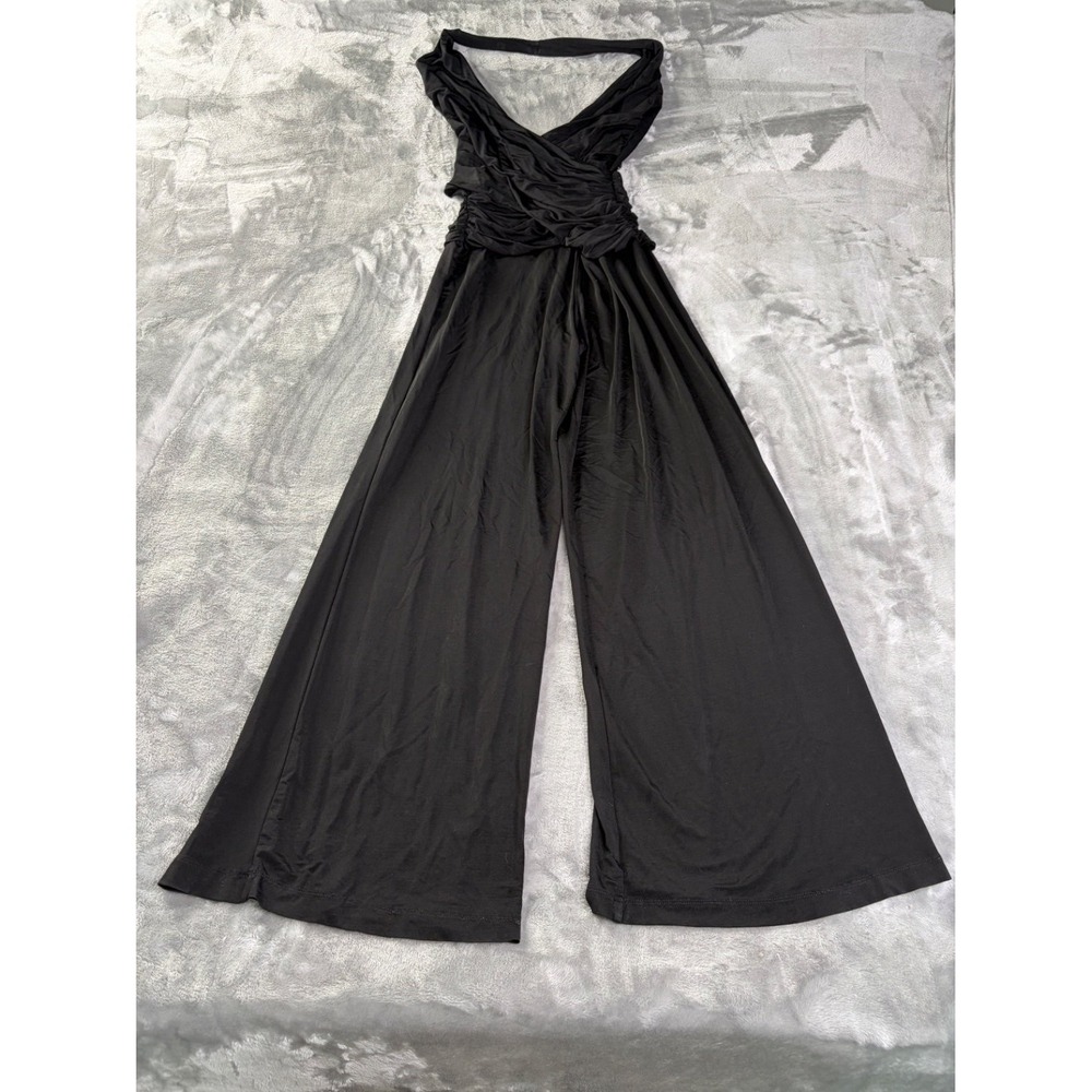 Bebe Womens Halter Wide Leg Jumpsuit 2000s S Black Sleeveless Ruched Stretch